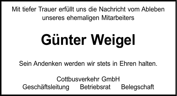 Traueranzeige Günter Weigel