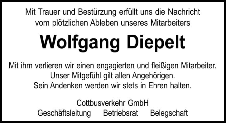 Traueranzeige Wolfgang Diepelt