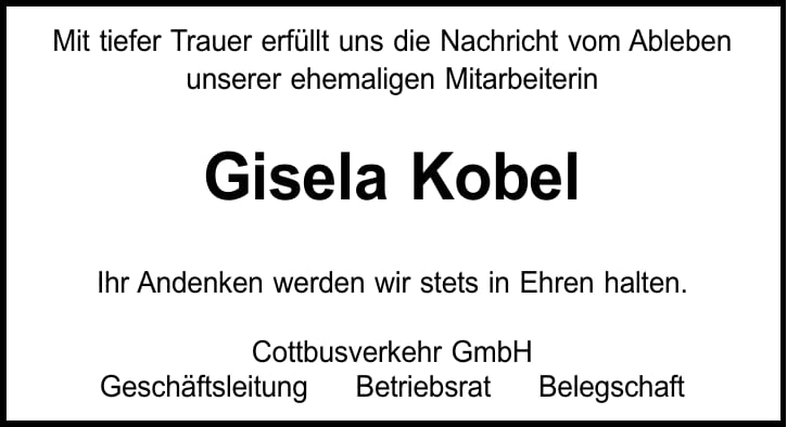 Traueranzeige Gisela Kobel