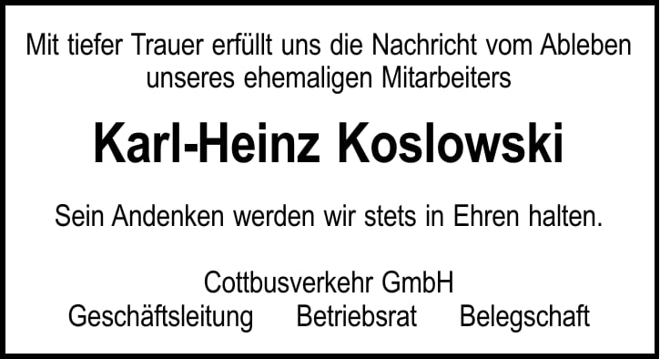Traueranzeige Karl-Heinz Koslowski