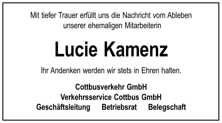 Traueranzeige Lucie Kamenz