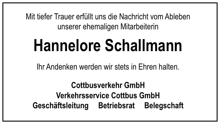 Traueranzeige Hannelore Schallmann