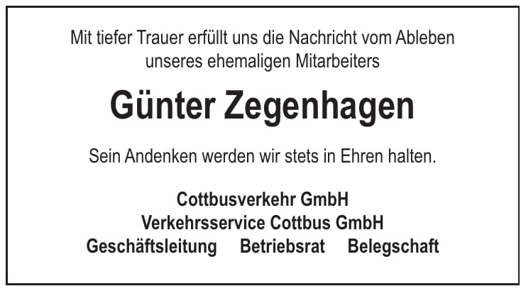 Traueranzeige Günter Zegenhagen