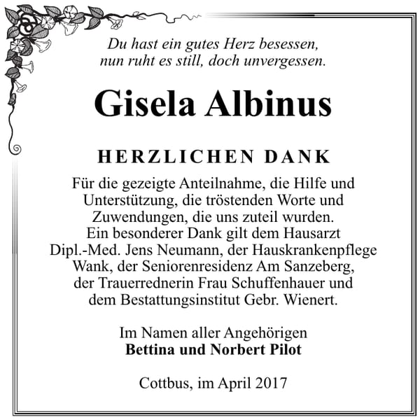 Danksagung Gisela Albinus