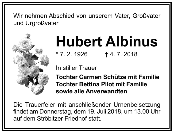 Traueranzeige Hubert Albinus