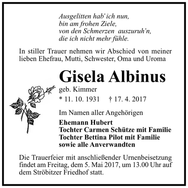 Traueranzeige Gisela Albinus, geb. Kimmer