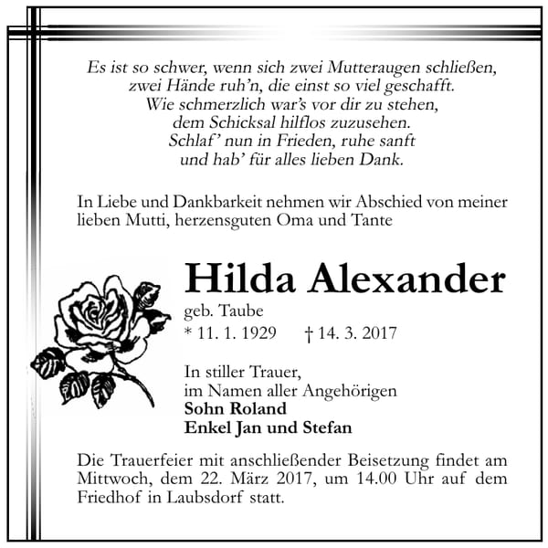 Traueranzeige Hilda Alexander, geb. Taube