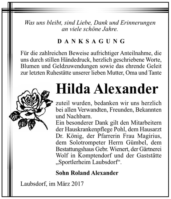 Danksagung Hilda Alexander