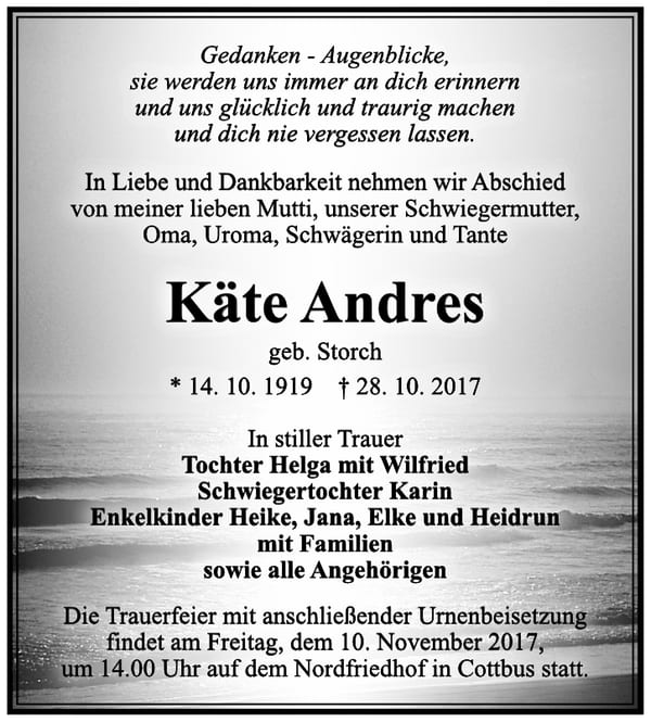 Traueranzeige Käte Andres, geb. Storch