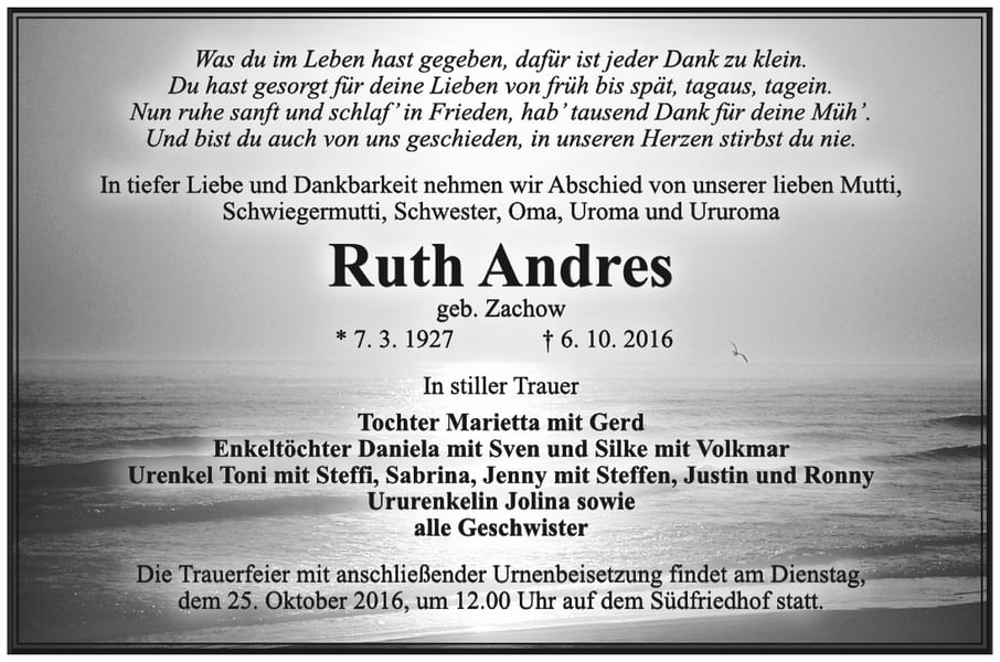 Traueranzeige Ruth Andres, geb. Zachow