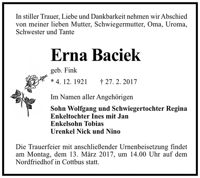 Traueranzeige Erna Baciek, geb. Fink