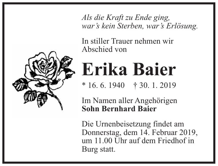 Traueranzeige Erika Baier
