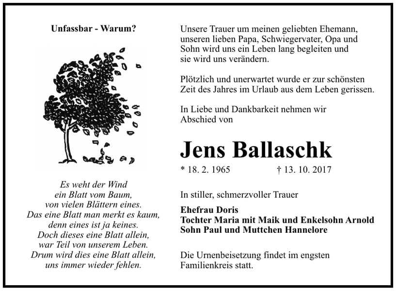 Traueranzeige Jens Ballaschk