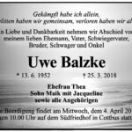 Traueranzeige Uwe Balzke