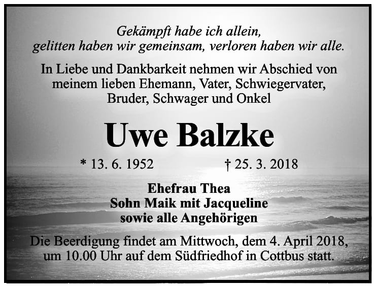 Traueranzeige Uwe Balzke