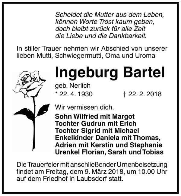 Traueranzeige Ingeburg Bartel, geb. Nerlich