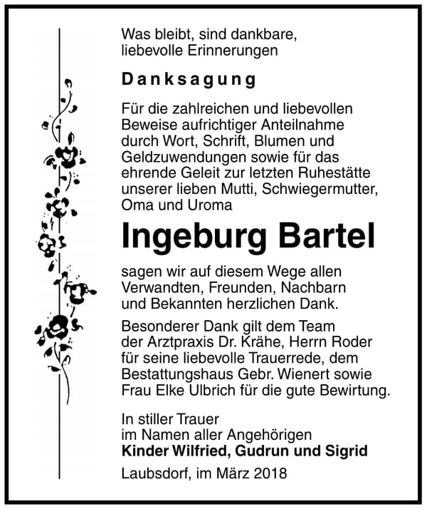 Danksagung Ingeburg Bartel