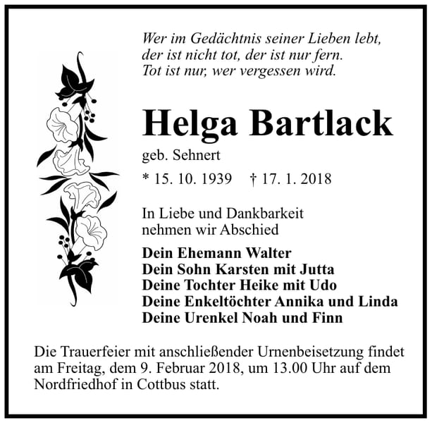 Traueranzeige Helga Bartlack, geb. Sehnert