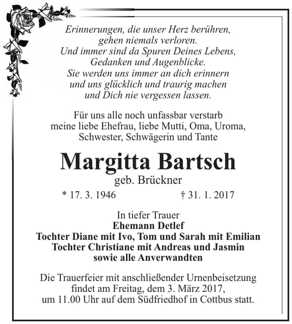 Traueranzeige Margitta Bartsch, geb. Brückner