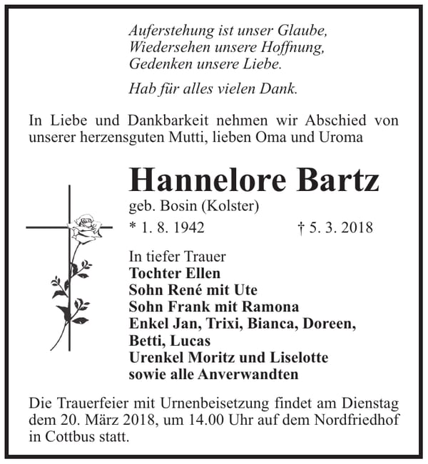 Traueranzeige Hannelore Bartz, geb. Bosin