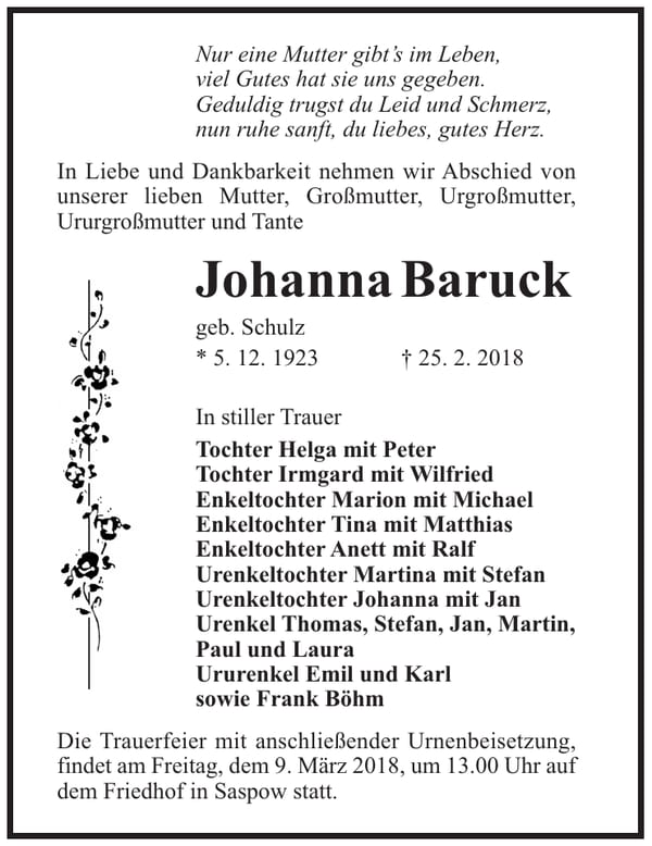 Traueranzeige Johanna Baruck, geb. Schulz