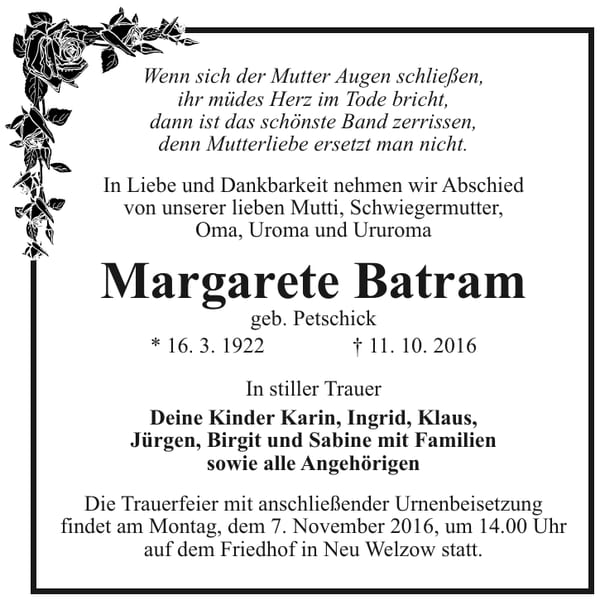 Traueranzeige Margarete Batram, geb. Petschick