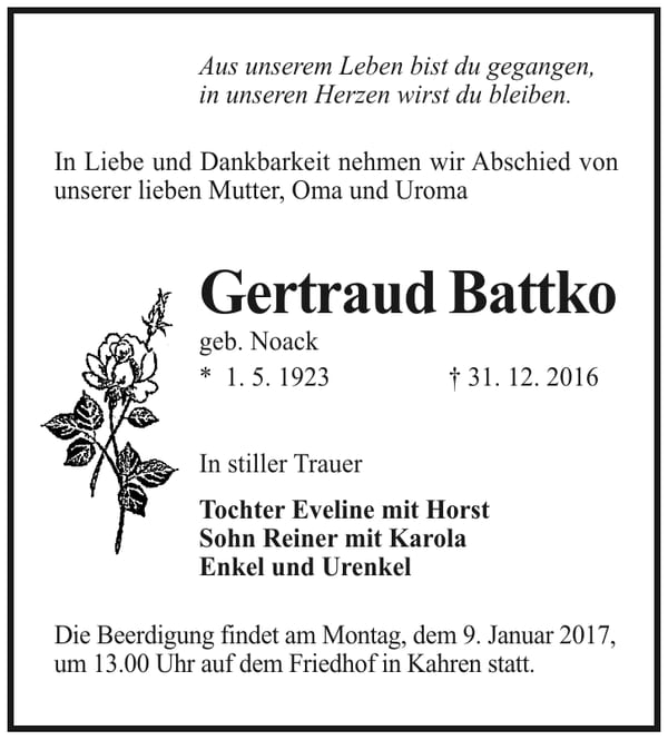 Traueranzeige Gertraud Battko, geb. Noack