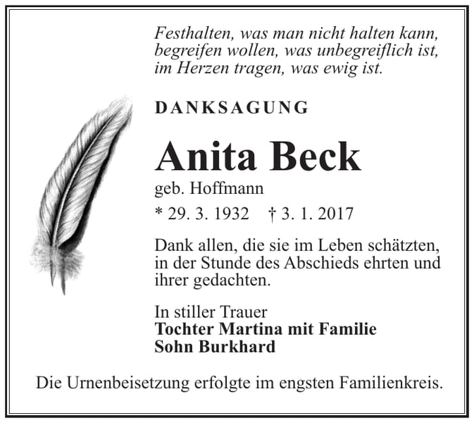 Danksagung Anita Beck, geb. Hoffmann