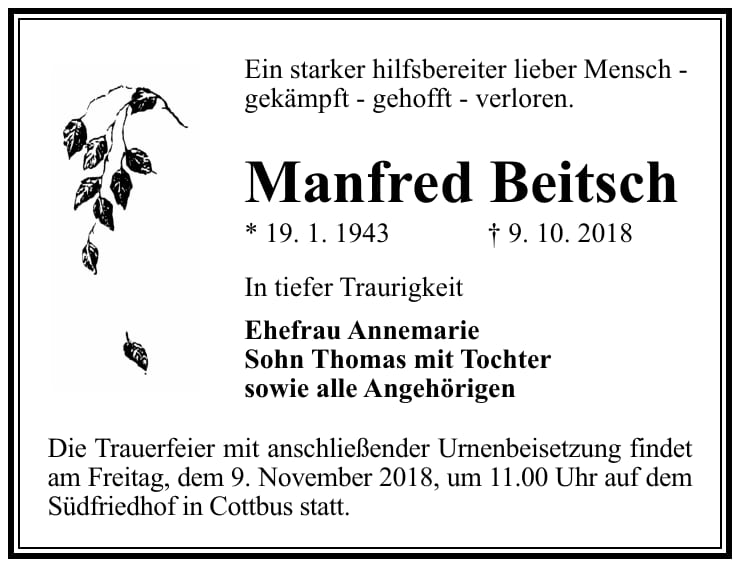 Traueranzeige Manfred Beitsch