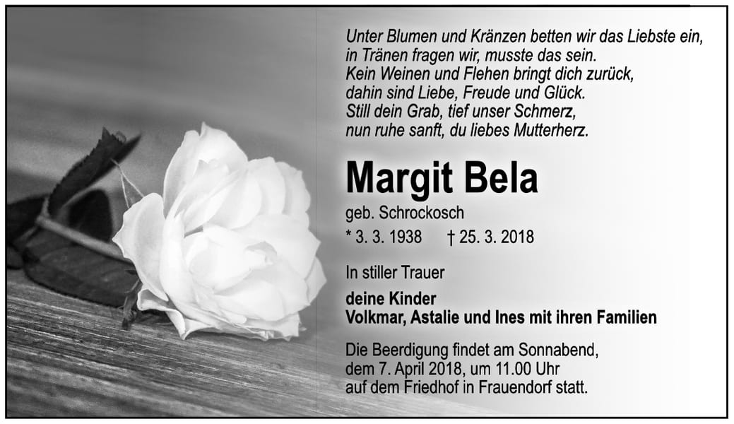 Traueranzeige Margit Bela, geb. Schrockosch