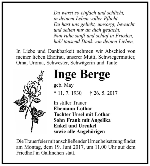 Traueranzeige Inge Berge, geb. May