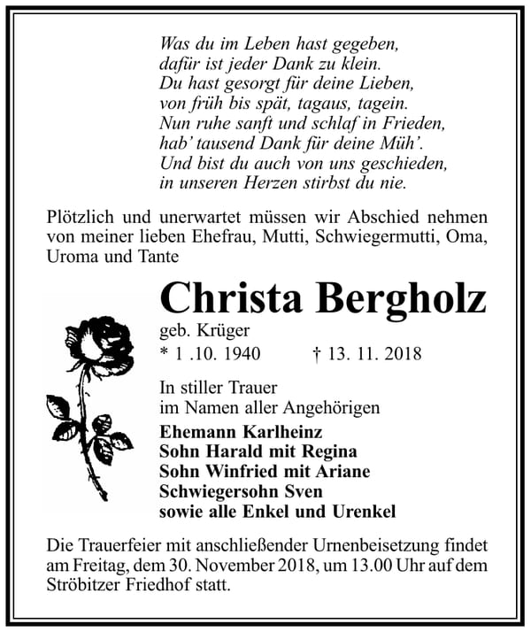 Traueranzeige Christa Bergholz, geb. Krüger