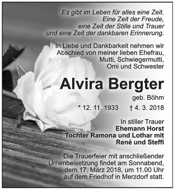 Traueranzeige Alvira Bergter, geb. Böhm