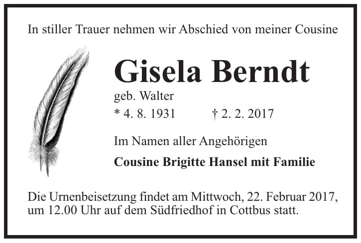 Traueranzeige Gisela Berndt, geb. Walter