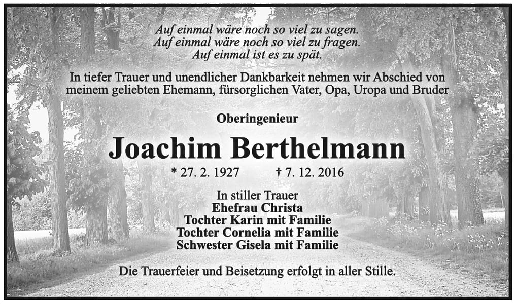 Traueranzeige Joachim Berthelmann