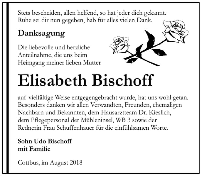 Danksagung Elisabeth Bischoff