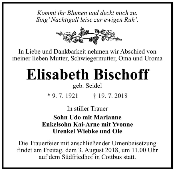 Traueranzeige Elisabeth Bischoff, geb. Seidel