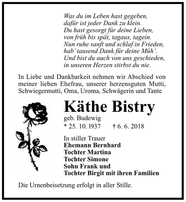 Traueranzeige Käthe Bistry, geb. Budewig
