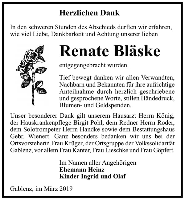 Traueranzeige Renate Bläske