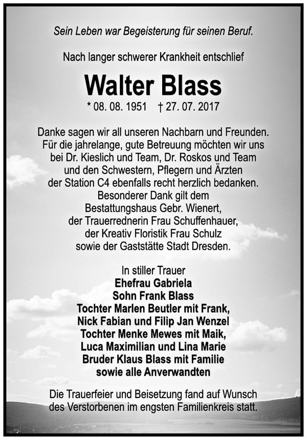 Traueranzeige Walter Blass