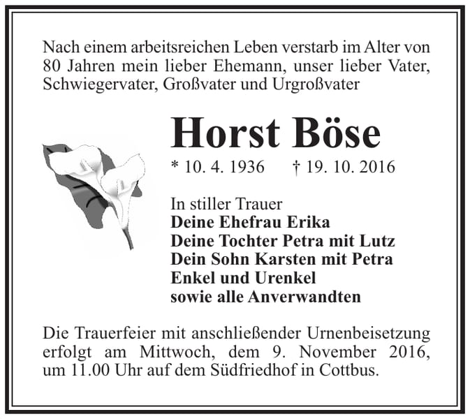 Traueranzeige Horst Böse