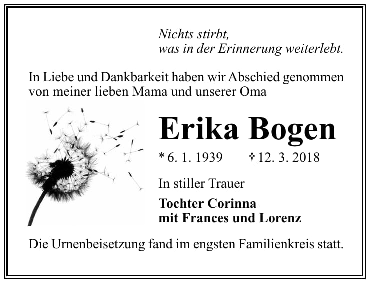 Traueranzeige Erika Bogen