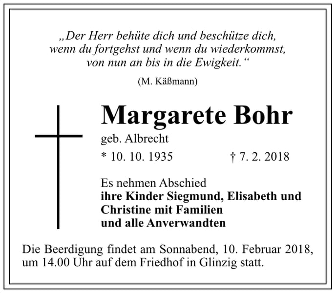 Traueranzeige Margarete Bohr, geb. Albrecht