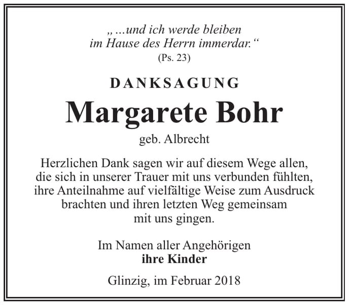 Danksagung Margarete Bohr, geb. Albrecht