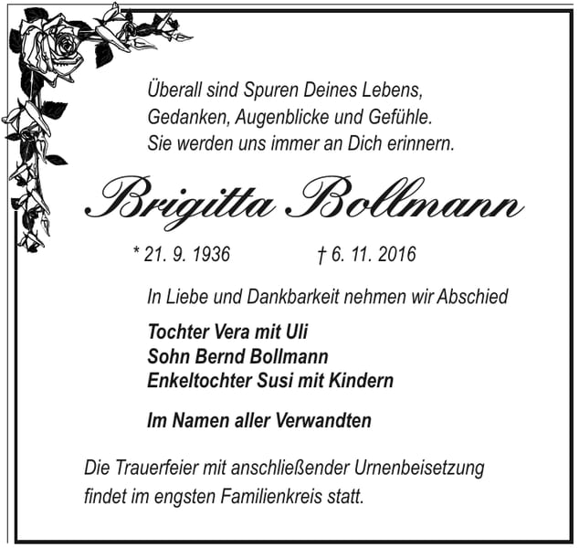 Traueranzeige Brigitta Bollmann