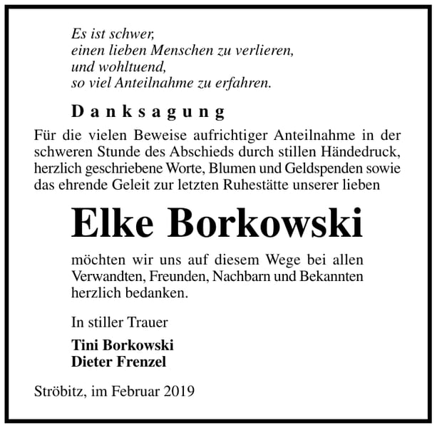 Traueranzeige Elke Borkowski
