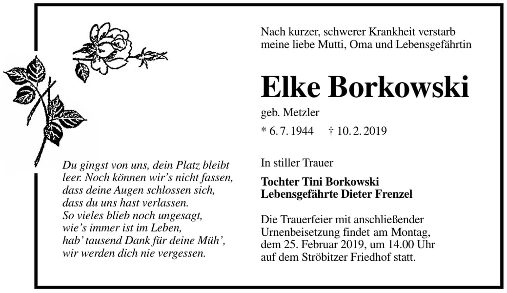 Traueranzeige Elke Borkowski, geb. Metzler
