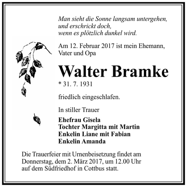 Traueranzeige Walter Bramke
