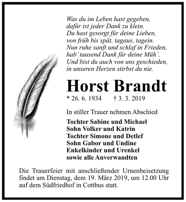 Traueranzeige Horst Brandt