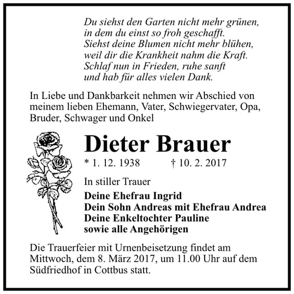 Traueranzeige Dieter Brauer